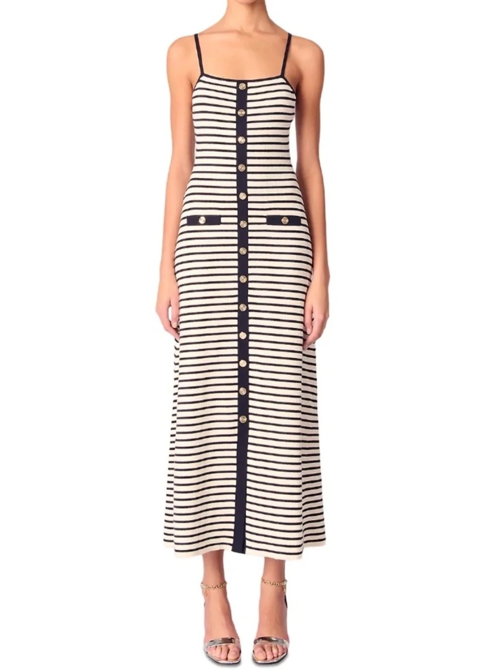 Maje Navy and Cream Striped Button-Front Maxi Dress